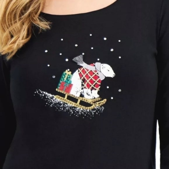 Karen Scott Graphic Christmas Polar Bear T-shirt Black Medium - Picture 1 of 5